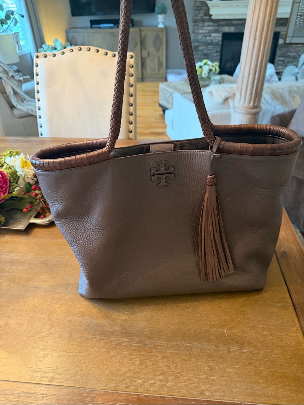 Tory Burch Brown Pebbled Leather Tassel Tote